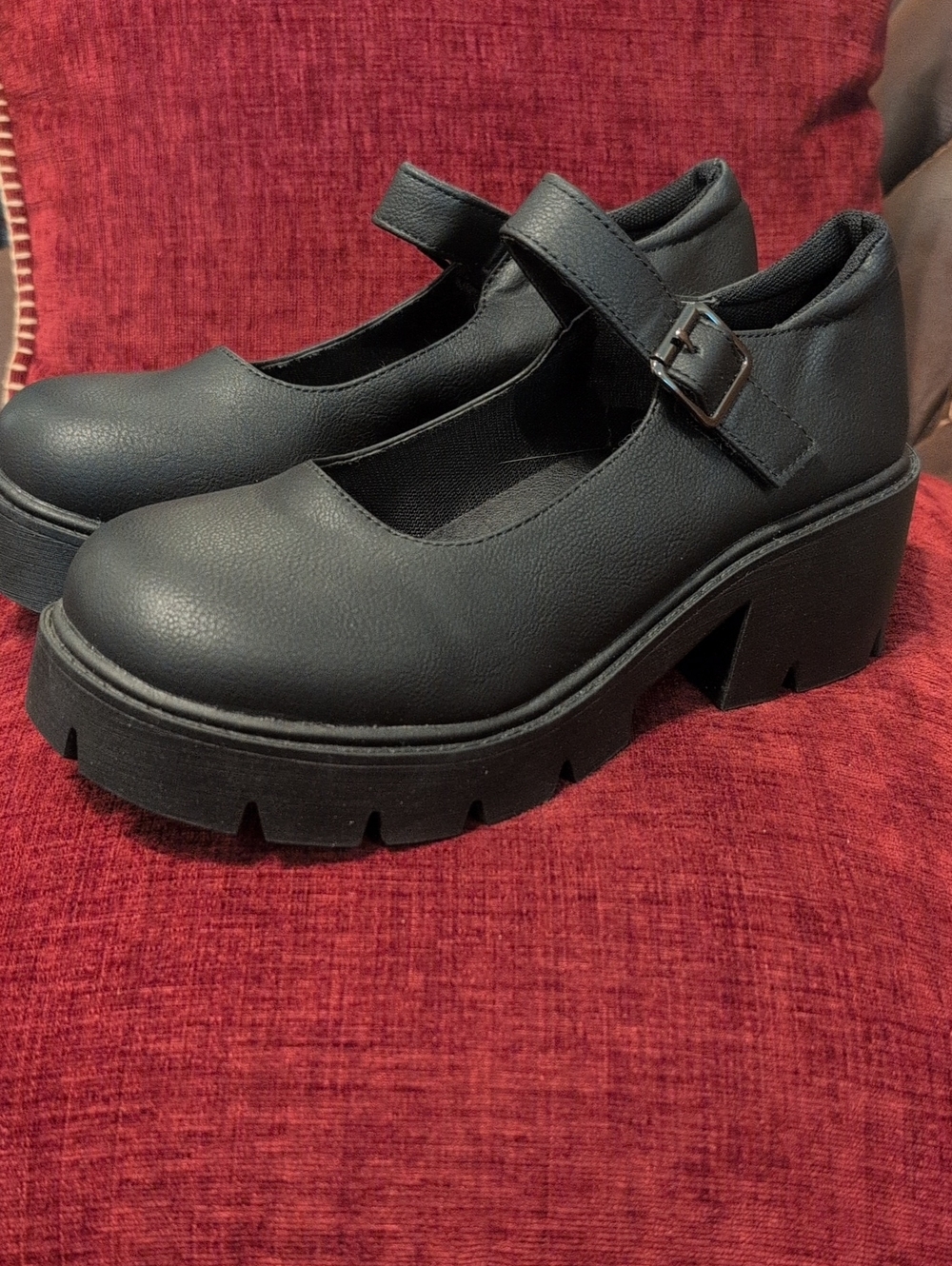 THems Black Chunky Mary Jane Platform Heels with Buckle
